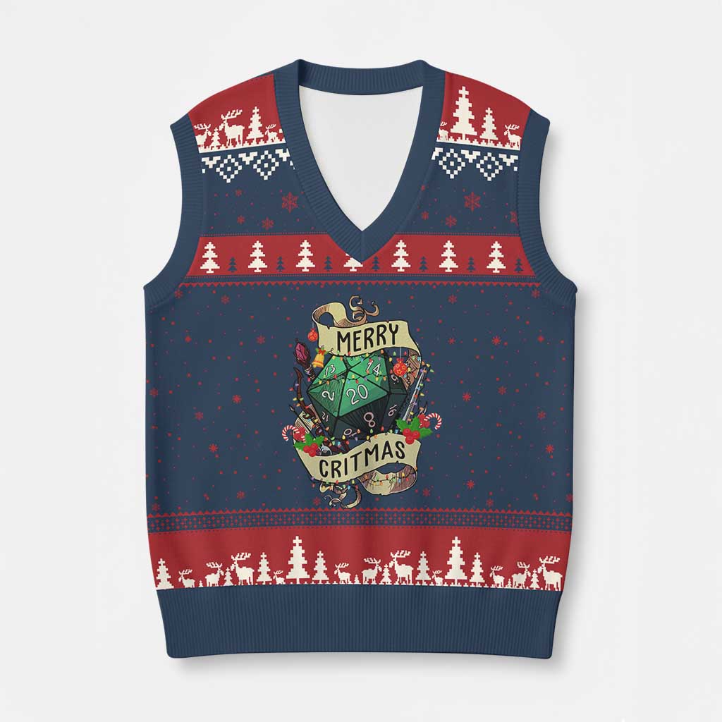 Funny Xmas Tabletop RPG V-Neck Knit Sweater Vest Merry Critmas D20 RPG Gamer Gaming TS11 Navy Red Print Your Wear