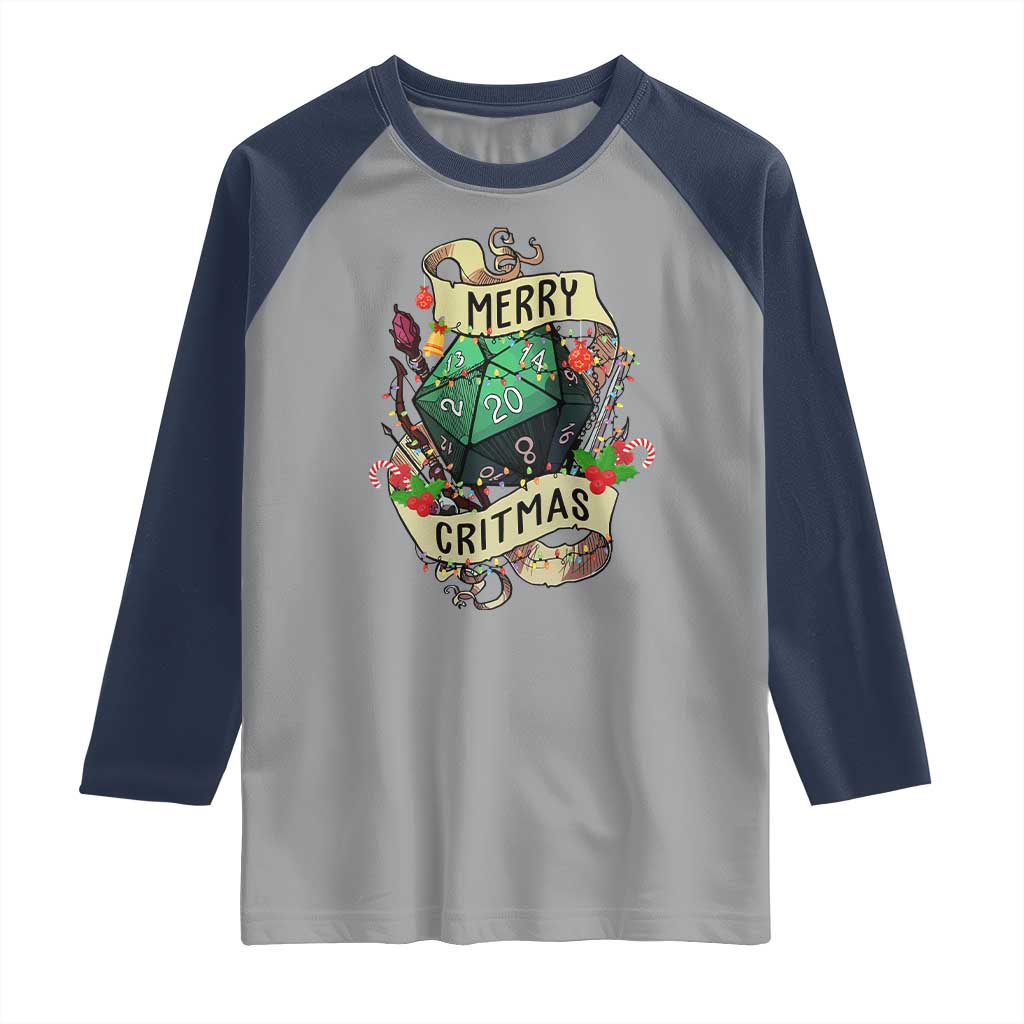 Funny Christmas Tabletop RPG Raglan Shirt Merry Critmas D20 RPG Gamer Gaming TS11 Sport Gray Navy Print Your Wear