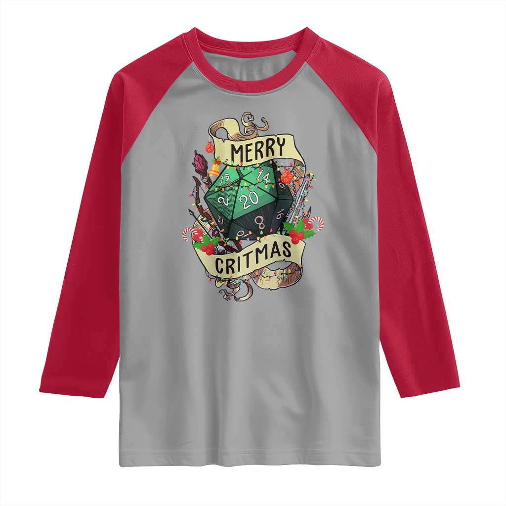 Funny Christmas Tabletop RPG Raglan Shirt Merry Critmas D20 RPG Gamer Gaming TS11 Sport Gray Red Print Your Wear