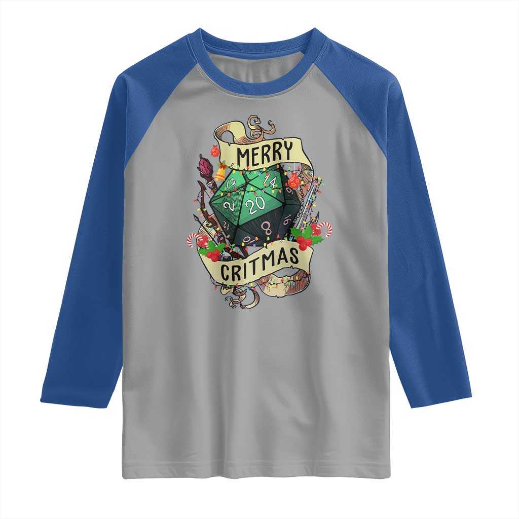 Funny Christmas Tabletop RPG Raglan Shirt Merry Critmas D20 RPG Gamer Gaming TS11 Sport Gray Royal Print Your Wear