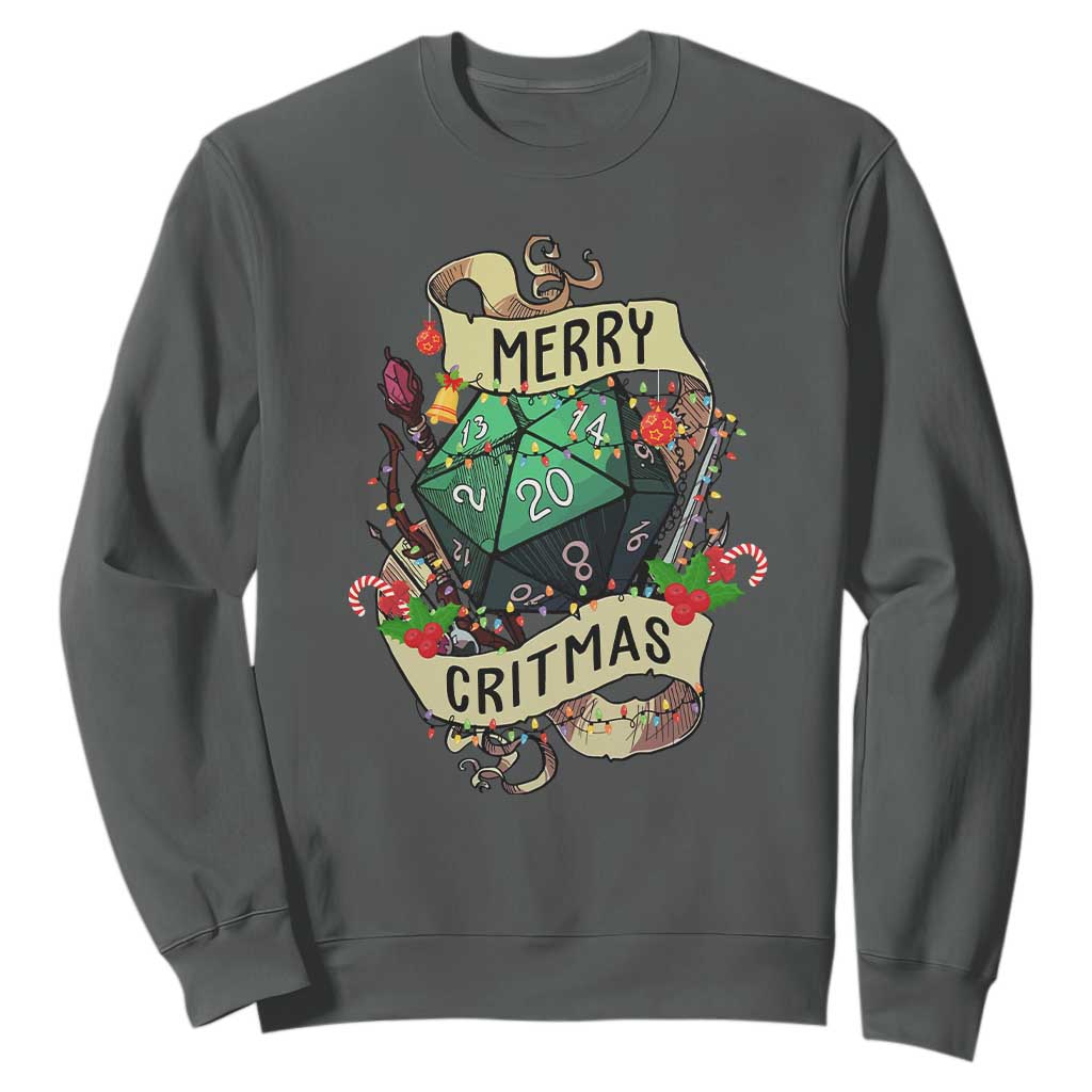 Funny Christmas Tabletop RPG Sweatshirt Merry Critmas D20 RPG Gamer Gaming TS11 Dark Heather Print Your Wear