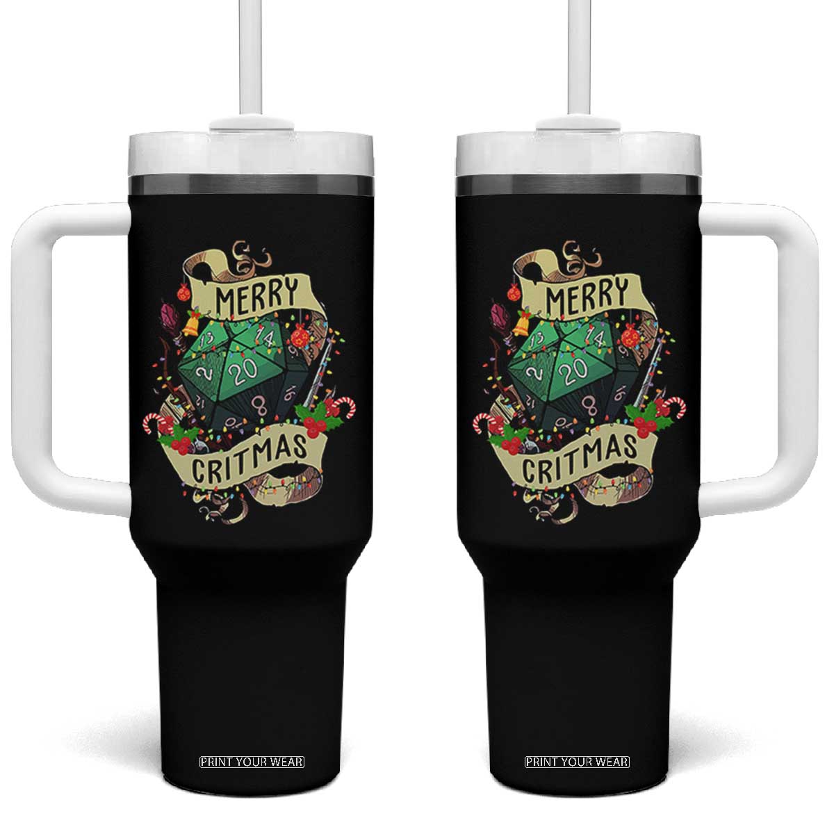 Funny Christmas Tabletop RPG Tumbler With Handle Merry Critmas D20 RPG Gamer Gaming TS11 One Size: 40 oz Black Print Your Wear
