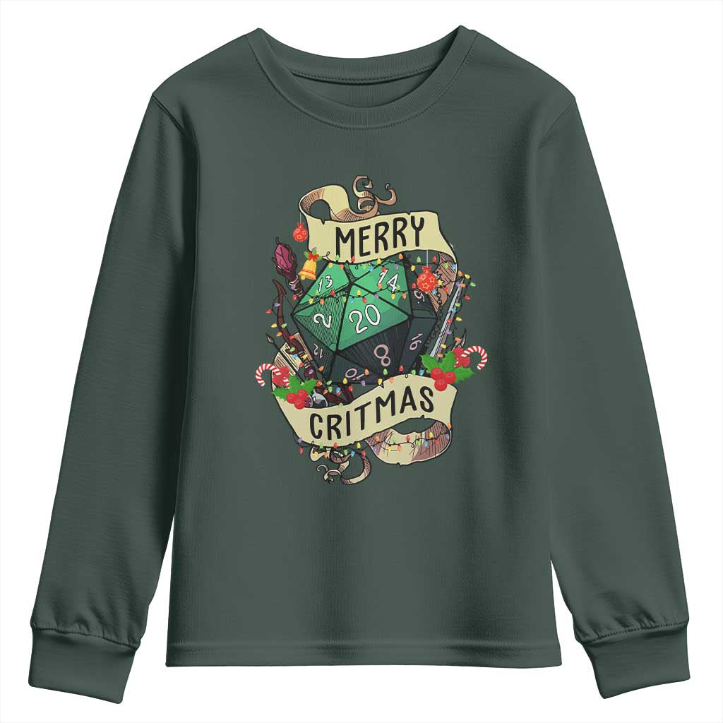 Funny Christmas Tabletop RPG Youth Sweatshirt Merry Critmas D20 RPG Gamer Gaming TS11 Dark Forest Green Print Your Wear