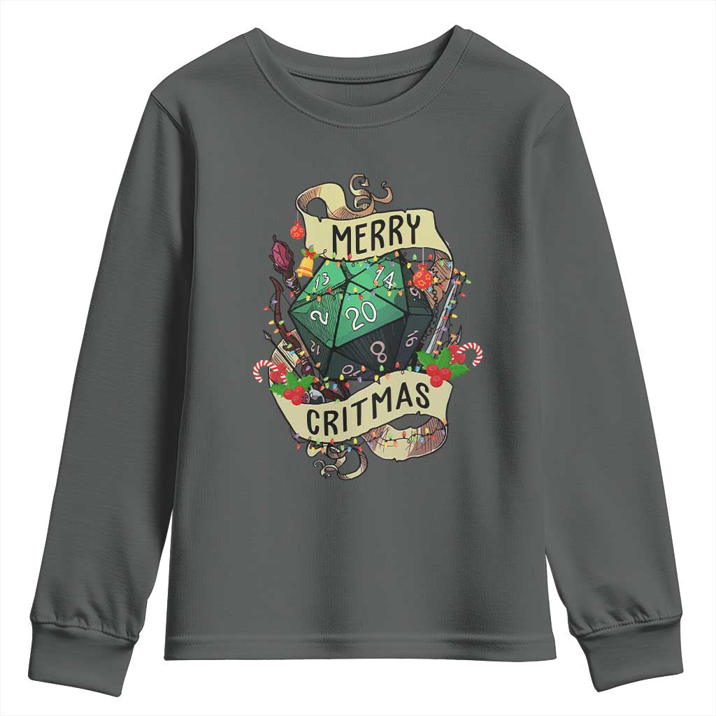 Funny Christmas Tabletop RPG Youth Sweatshirt Merry Critmas D20 RPG Gamer Gaming TS11 Dark Heather Print Your Wear