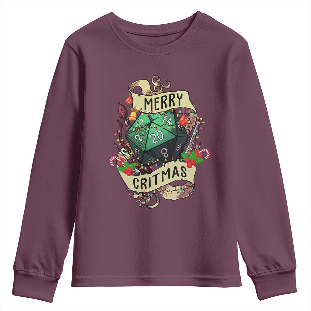 Funny Christmas Tabletop RPG Youth Sweatshirt Merry Critmas D20 RPG Gamer Gaming TS11 Maroon Print Your Wear
