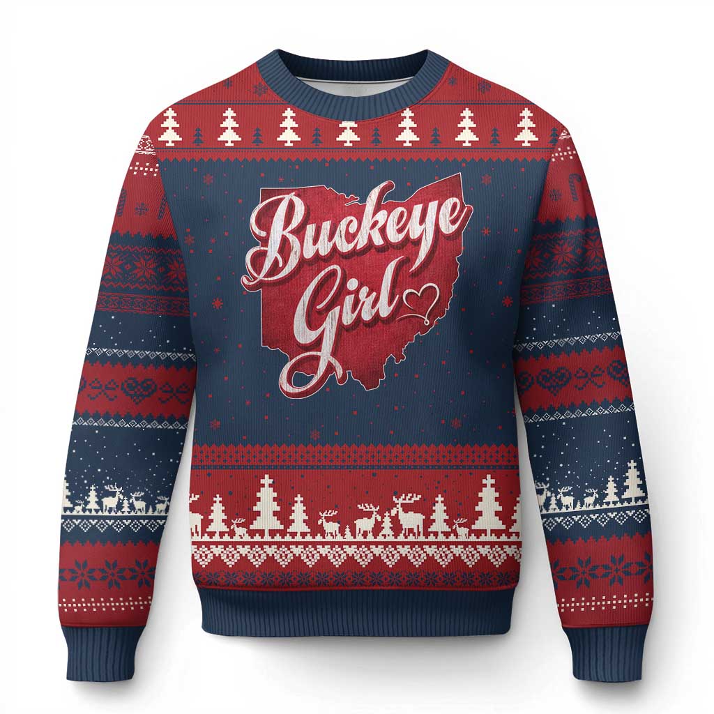 Funny Buckeye Girl Ugly Christmas Sweater Red Map Of Ohio State TS11 Navy Red Print Your Wear