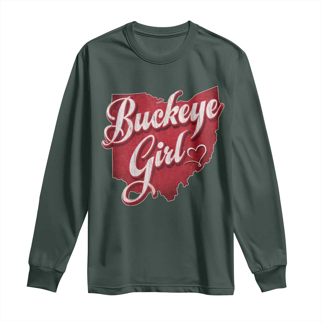 Funny Buckeye Girl Long Sleeve Shirt Red Map Of Ohio State TS11 Dark Forest Green Print Your Wear