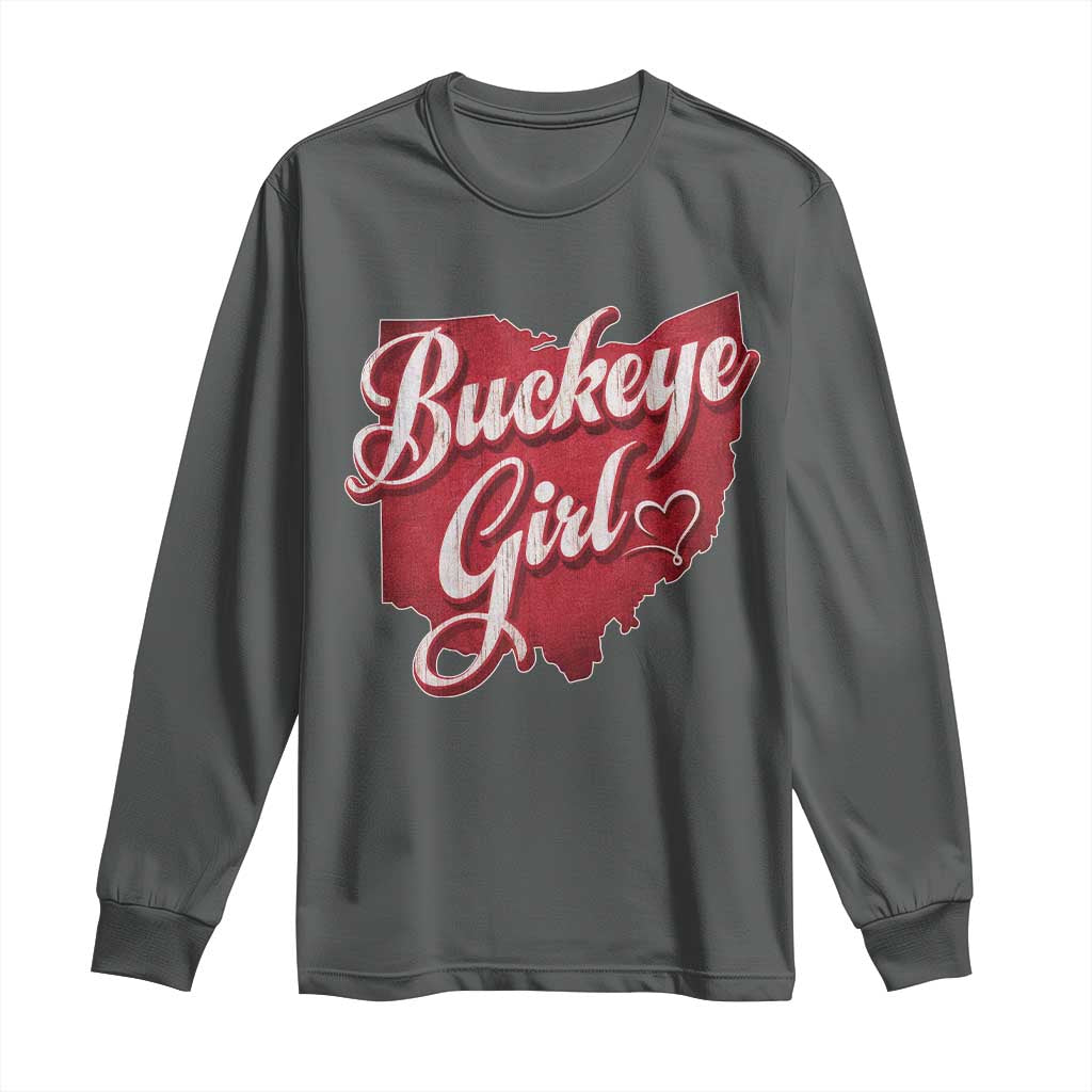 Funny Buckeye Girl Long Sleeve Shirt Red Map Of Ohio State TS11 Dark Heather Print Your Wear