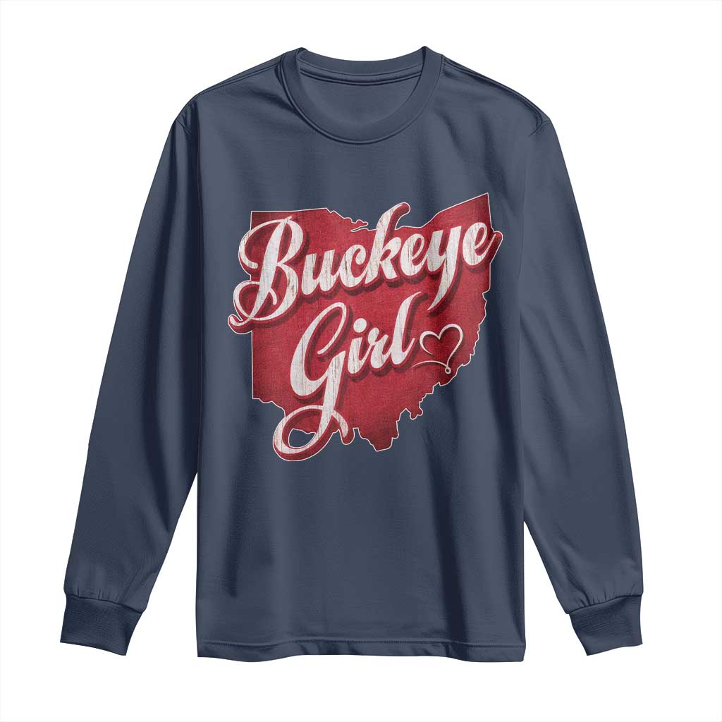 Funny Buckeye Girl Long Sleeve Shirt Red Map Of Ohio State TS11 Navy Print Your Wear