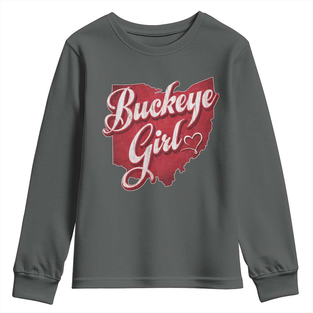 Funny Buckeye Girl Youth Sweatshirt Red Map Of Ohio State TS11 Dark Heather Print Your Wear