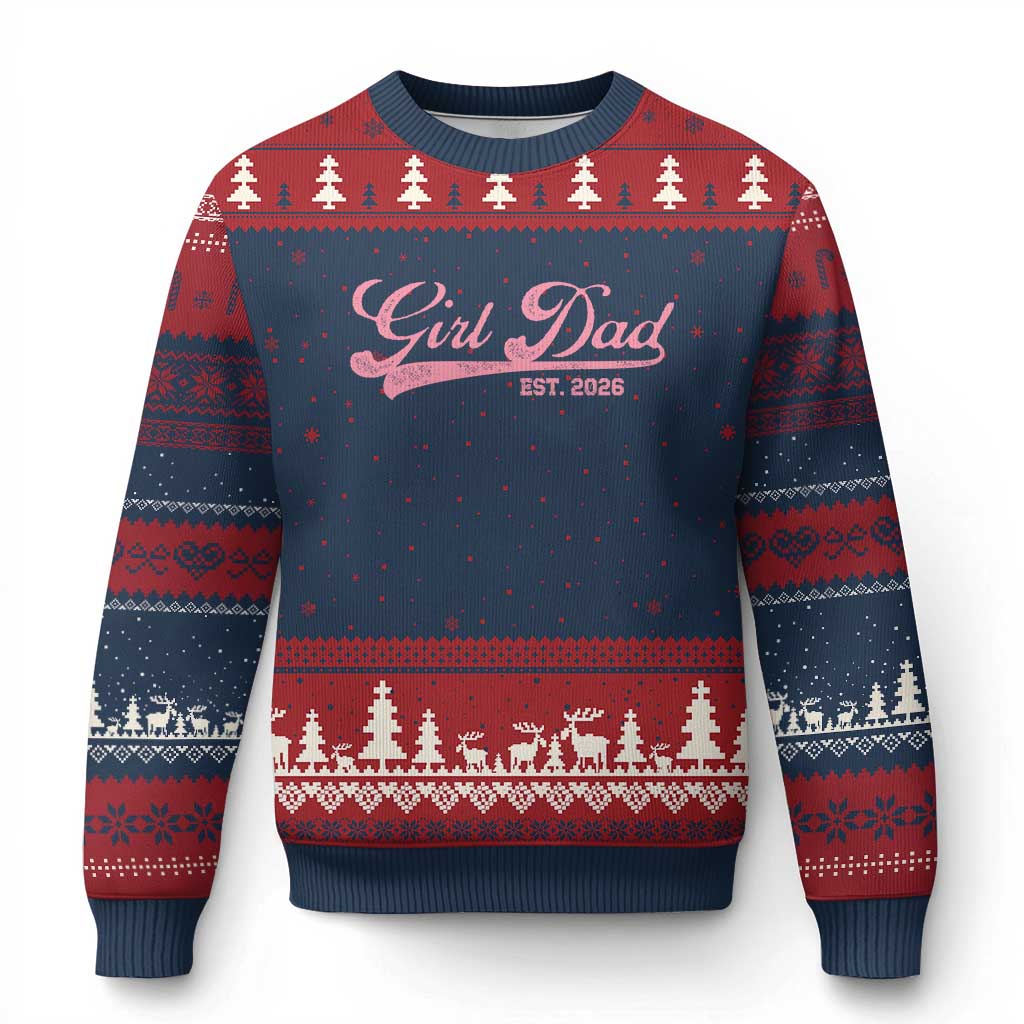 Girl Dad Est 2026 Ugly Christmas Sweater Dad Of Girl 2026 Pink Baby Announcement TS11 Navy Red Print Your Wear