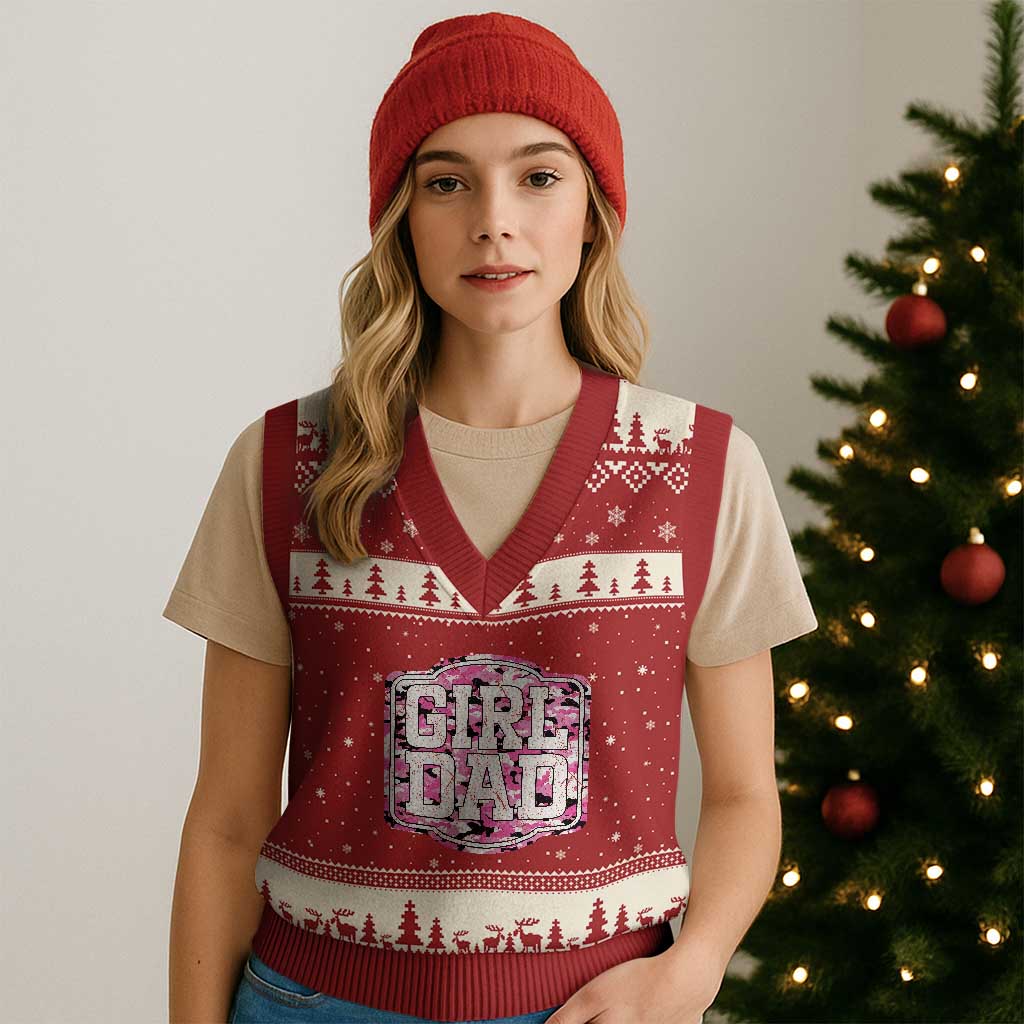 Girl Dad V-Neck Knit Sweater Vest Pink Camo Hunting Daddy Father's Day TS11 Red Beige Print Your Wear