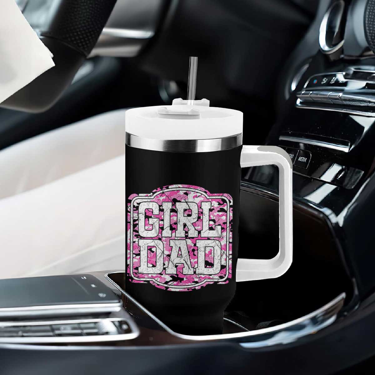 Girl Dad Tumbler With Handle Pink Camo Hunting Daddy Father's Day TS11 Print Your Wear