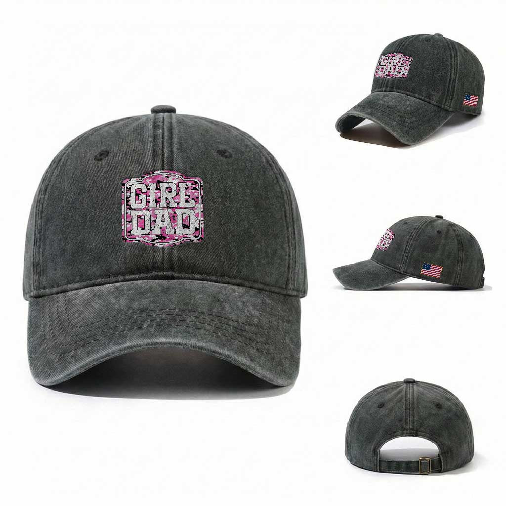 Girl Dad Washed Cotton Baseball Cap Pink Camo Hunting Daddy Father's Day TS11 Washed Cap Universal Fit Dark Green Print Your Wear