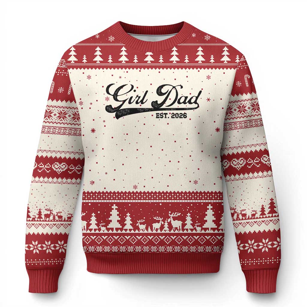 Girl Dad Est 2026 Ugly Christmas Sweater Dad Of Girl 2026 Baby Announcement TS11 Beige Red Print Your Wear