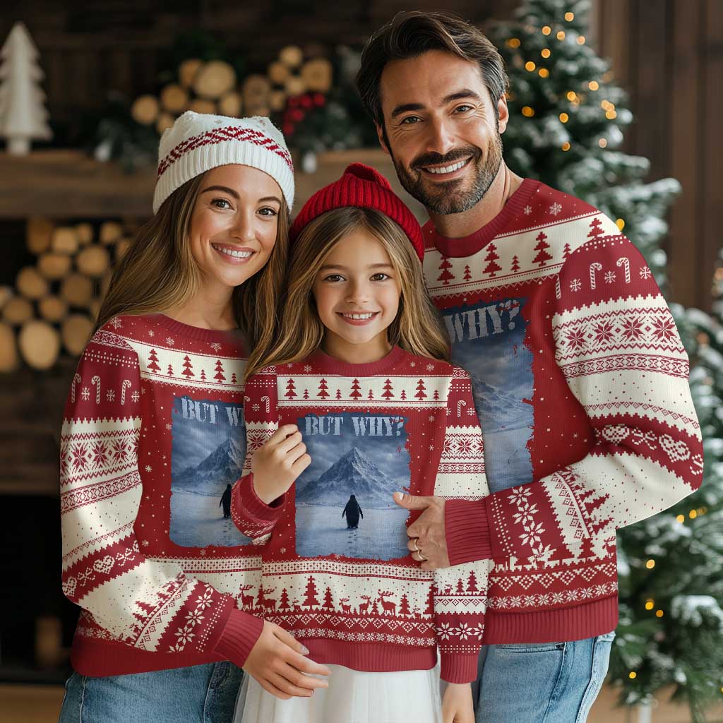 Nihilist Penguin But Why Ugly Christmas Sweater Snow Mountains Motivational Penguin Meme TS11 Red Beige Print Your Wear