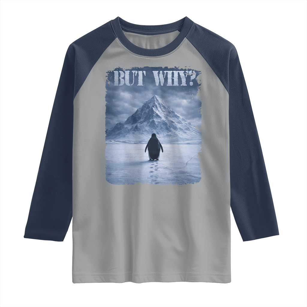 Nihilist Penguin But Why Raglan Shirt Snow Mountains Motivational Penguin Meme TS11 Sport Gray Navy Print Your Wear