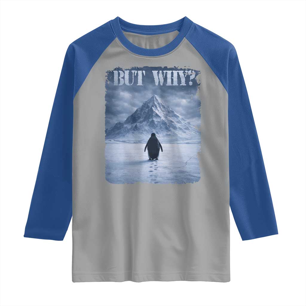 Nihilist Penguin But Why Raglan Shirt Snow Mountains Motivational Penguin Meme TS11 Sport Gray Royal Print Your Wear