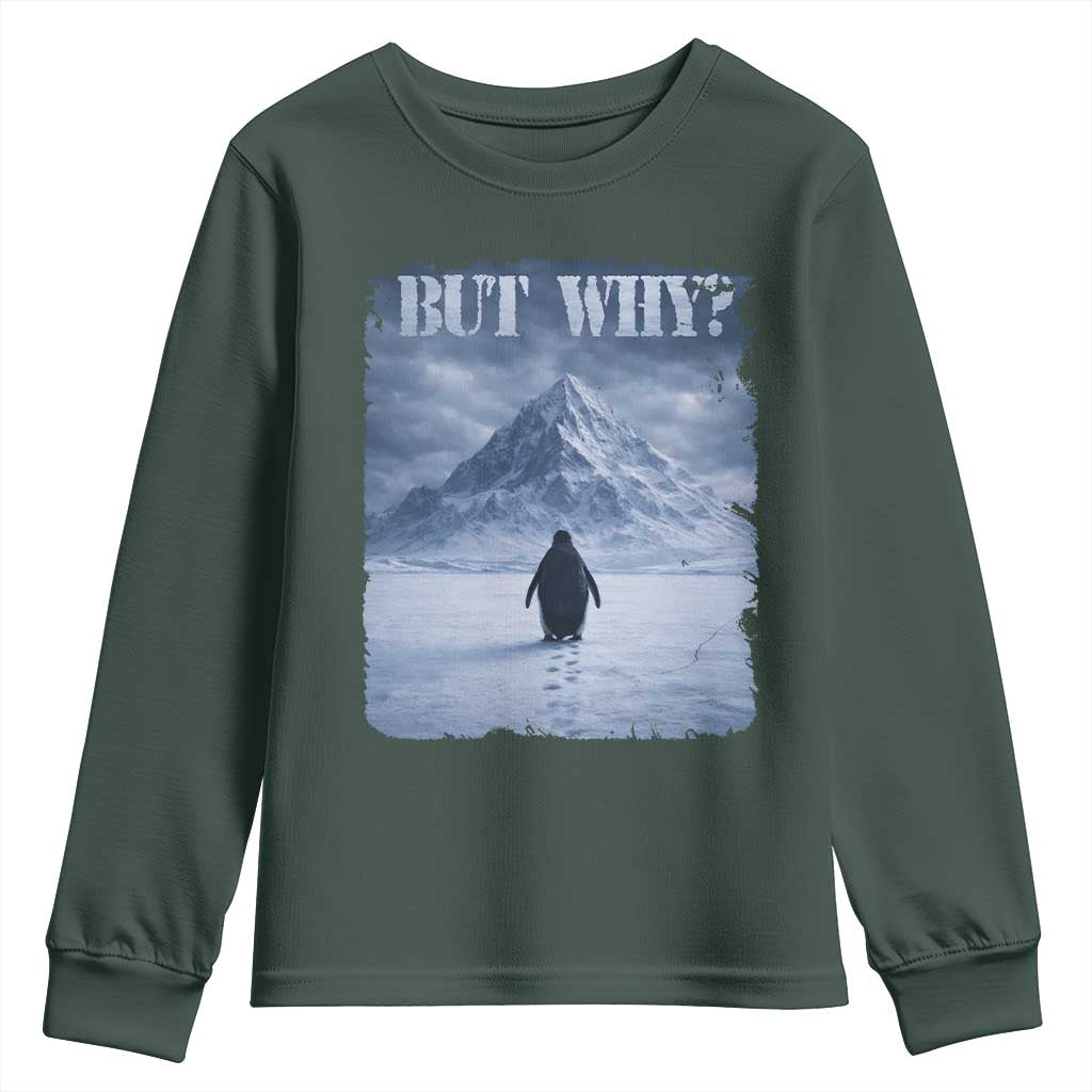 Nihilist Penguin But Why Youth Sweatshirt Snow Mountains Motivational Penguin Meme TS11 Dark Forest Green Print Your Wear