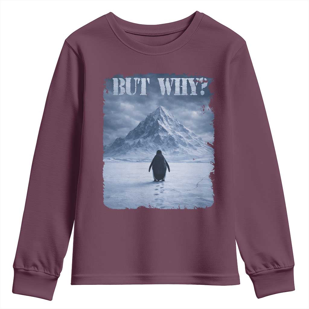 Nihilist Penguin But Why Youth Sweatshirt Snow Mountains Motivational Penguin Meme TS11 Maroon Print Your Wear