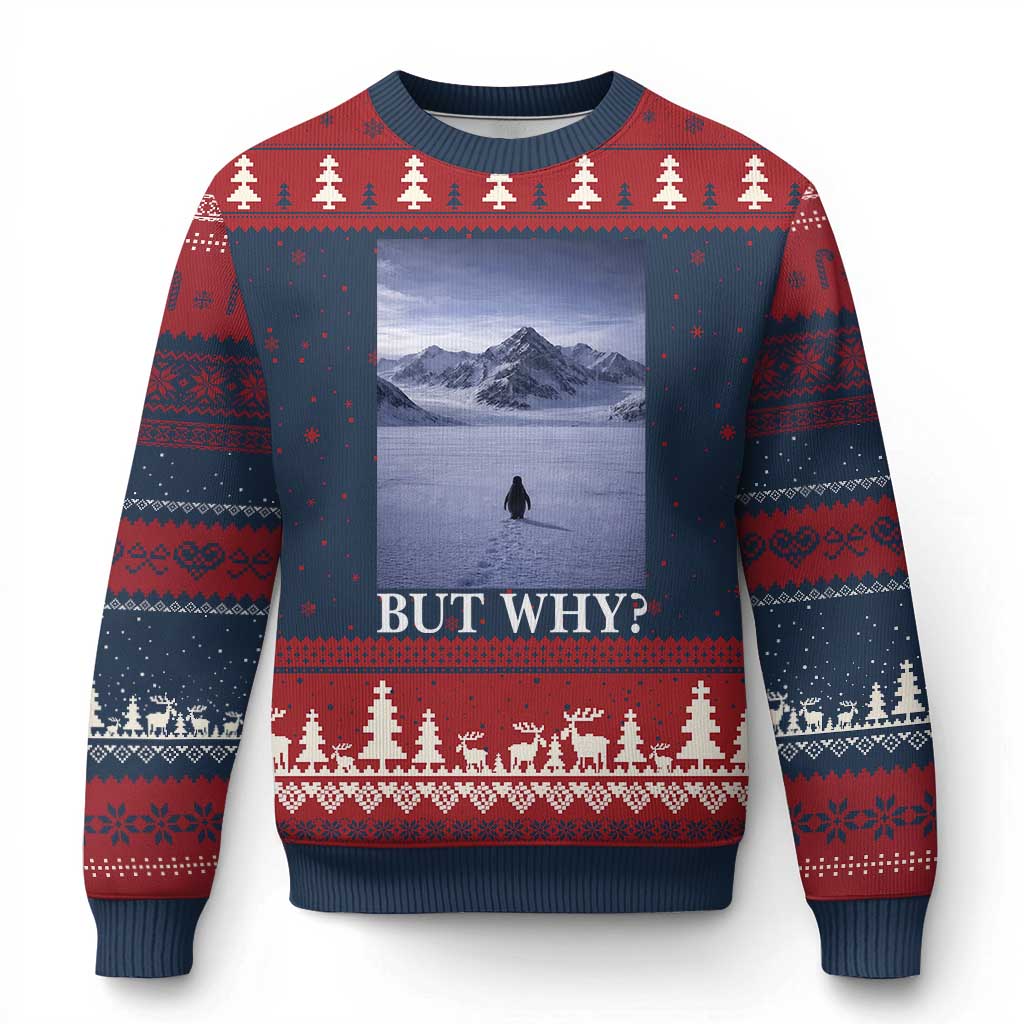 Nihilist Penguin But Why Ugly Christmas Sweater Lone Penguin Walking Toward Mountain Meme TS11 Navy Red Print Your Wear