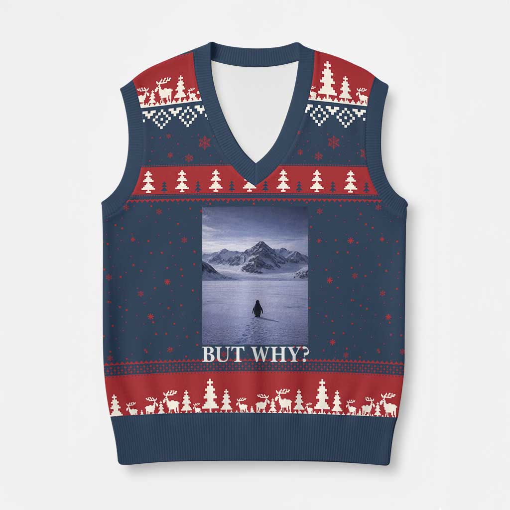 Nihilist Penguin But Why V-Neck Knit Sweater Vest Lone Penguin Walking Toward Mountain Meme TS11 Navy Red Print Your Wear