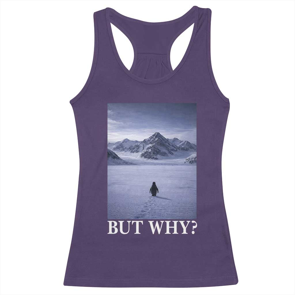 Nihilist Penguin But Why Racerback Tank Top Lone Penguin Walking Toward Mountain Meme TS11 Purple Print Your Wear