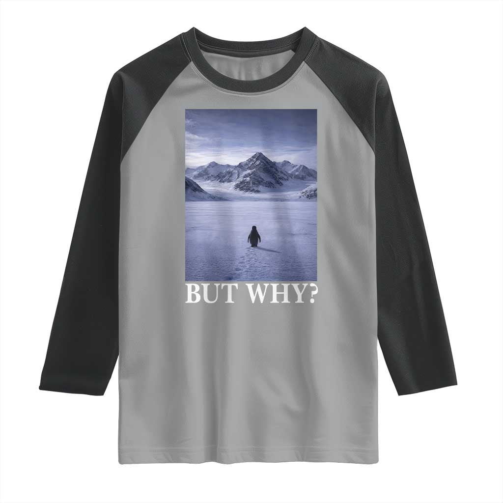 Nihilist Penguin But Why Raglan Shirt Lone Penguin Walking Toward Mountain Meme TS11 Sport Gray Black Print Your Wear