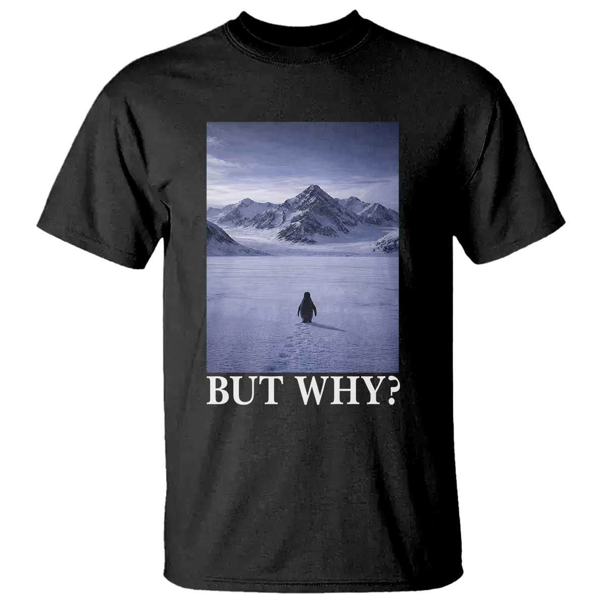 Nihilist Penguin But Why T Shirt Lone Penguin Walking Toward Mountain Meme TS11 Black Print Your Wear