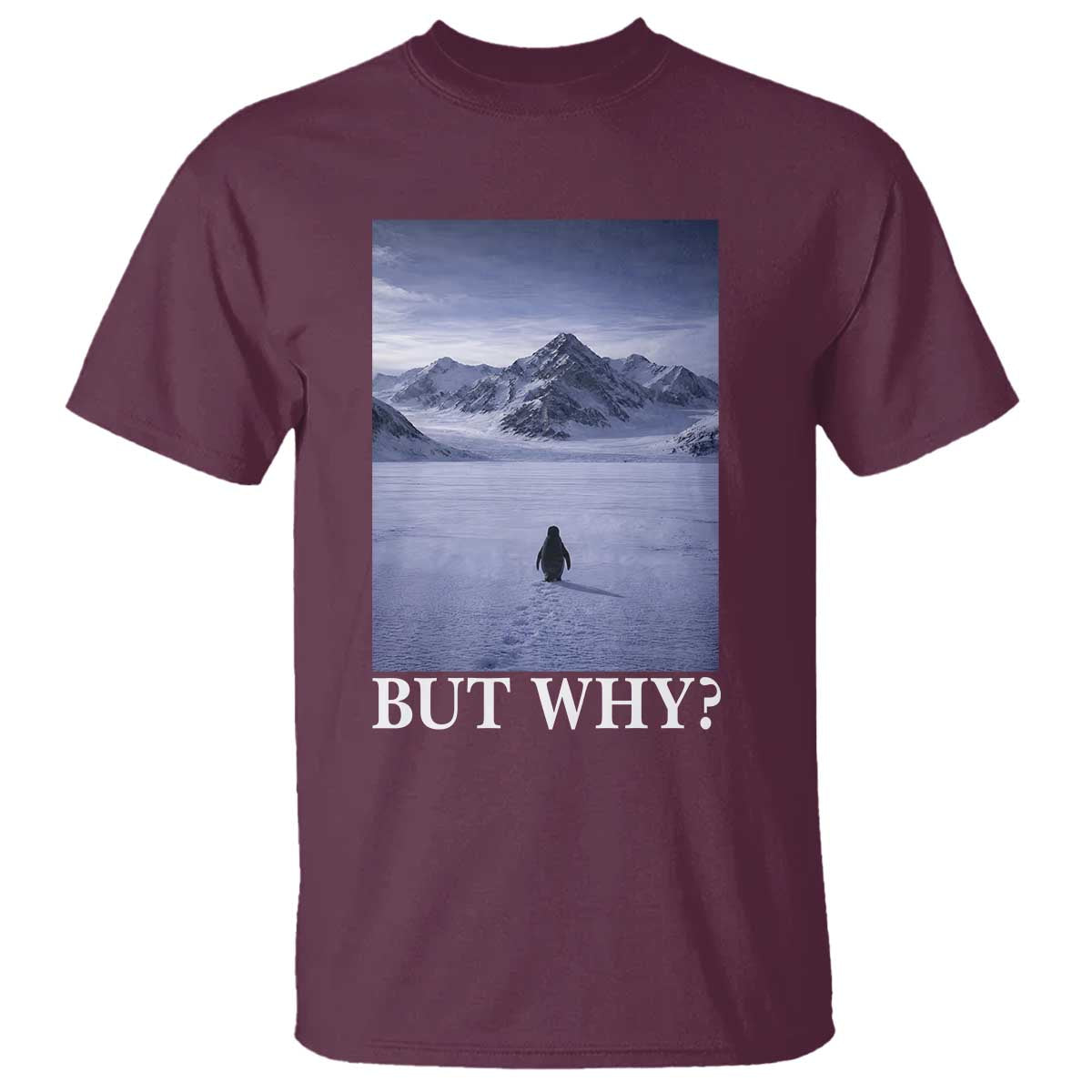 Nihilist Penguin But Why T Shirt Lone Penguin Walking Toward Mountain Meme TS11 Maroon Print Your Wear