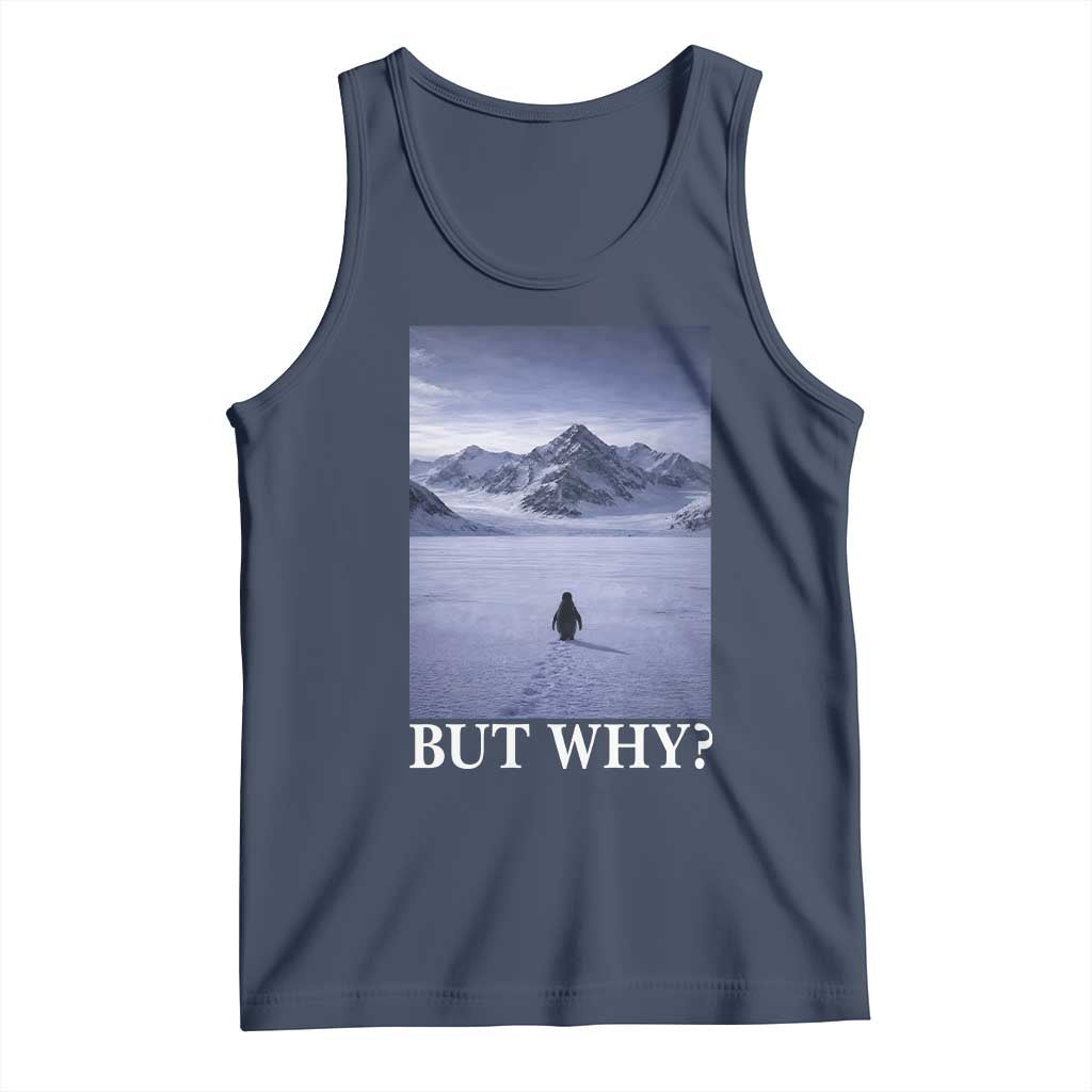 Nihilist Penguin But Why Tank Top Lone Penguin Walking Toward Mountain Meme TS11 Navy Print Your Wear