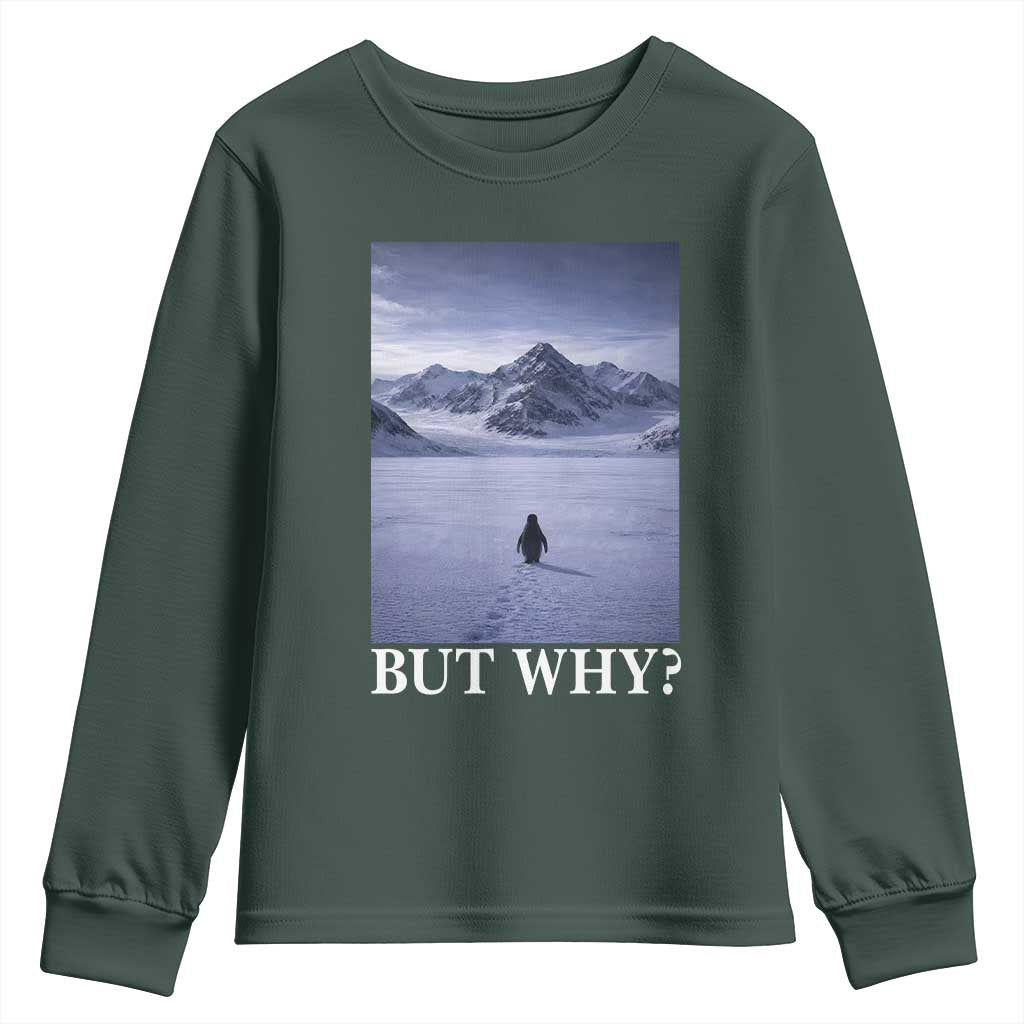 Nihilist Penguin But Why Youth Sweatshirt Lone Penguin Walking Toward Mountain Meme TS11 Dark Forest Green Print Your Wear