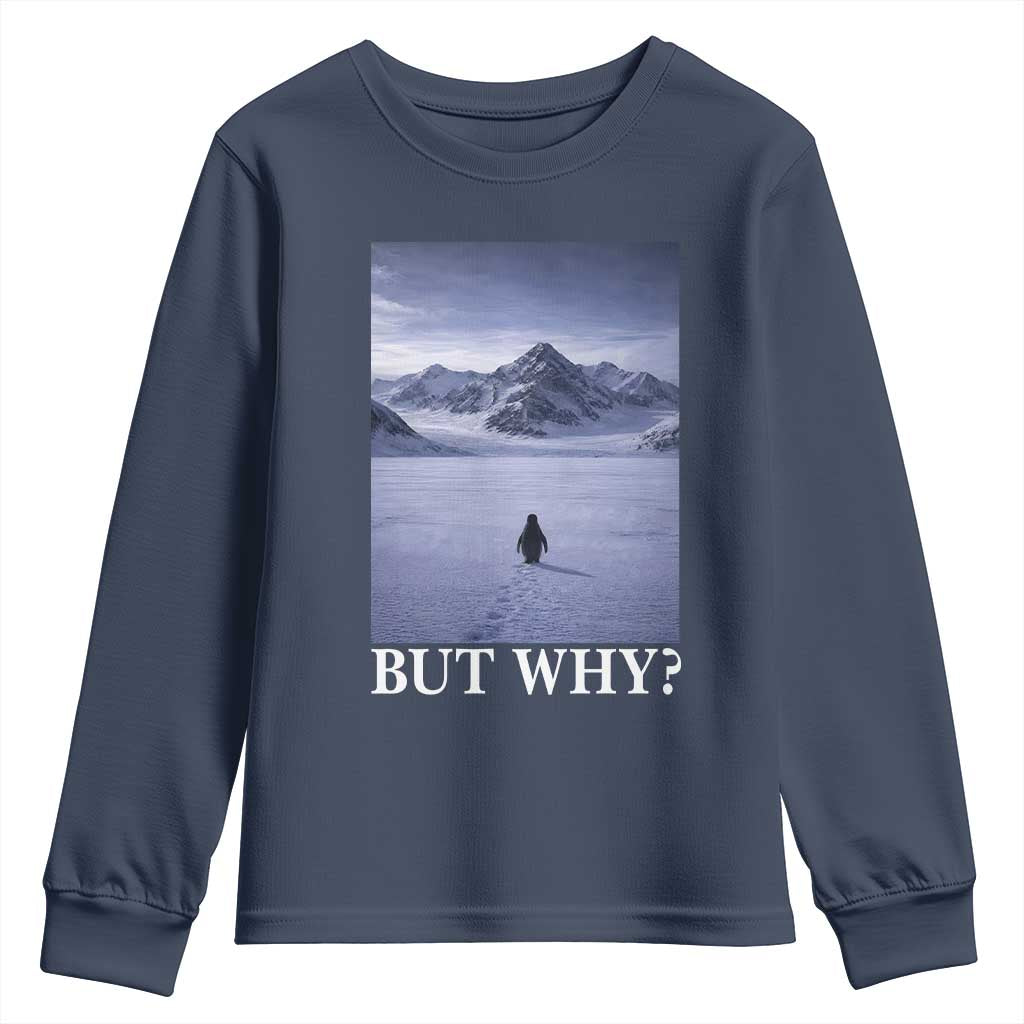 Nihilist Penguin But Why Youth Sweatshirt Lone Penguin Walking Toward Mountain Meme TS11 Navy Print Your Wear