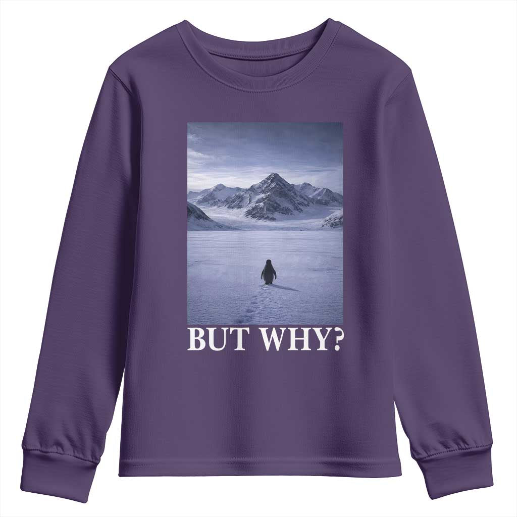 Nihilist Penguin But Why Youth Sweatshirt Lone Penguin Walking Toward Mountain Meme TS11 Purple Print Your Wear