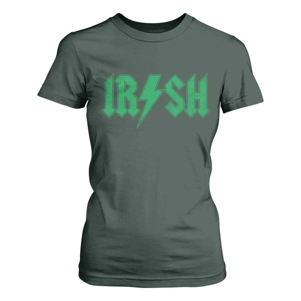 Funny Irish Rocker St Patrickss Day Lightning Bolt Rock and Roll T Shirt For Women TS11 Dark Forest Green Print Your Wear