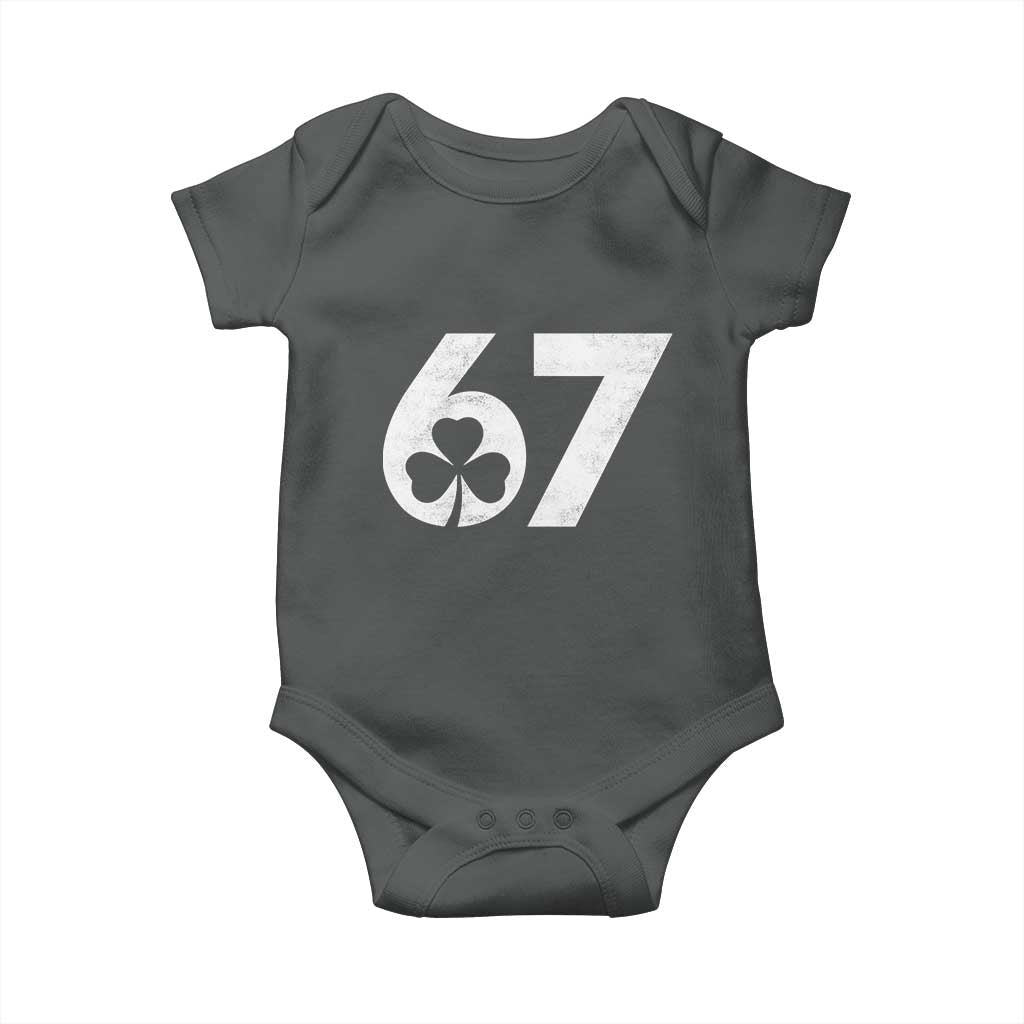 Funny St Patricks Day 67 Six Seven Vintage Shamrock Baby Onesie TS11 Dark Heather Print Your Wear