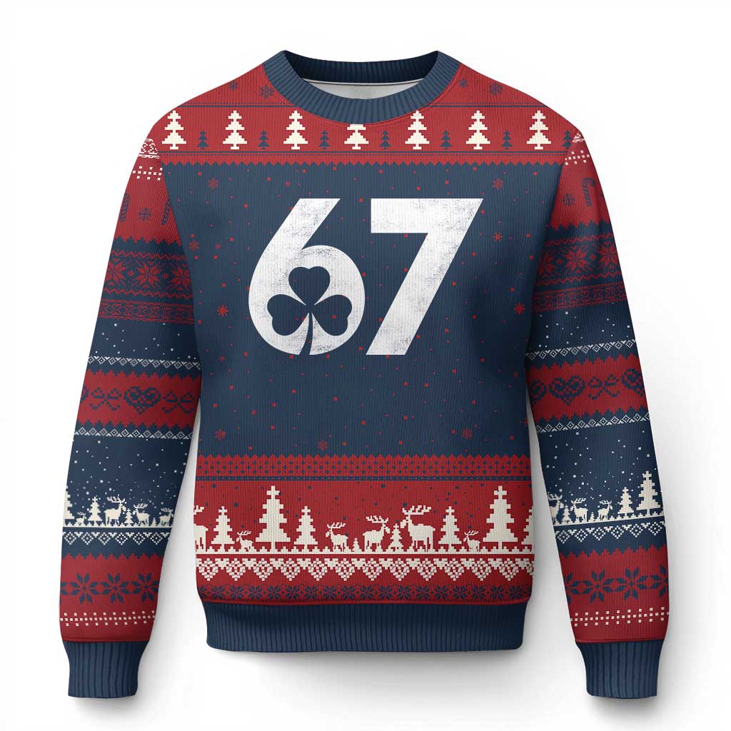 Funny St Patricks Day 67 Six Seven Vintage Shamrock Ugly Christmas Sweater TS11 Navy Red Print Your Wear