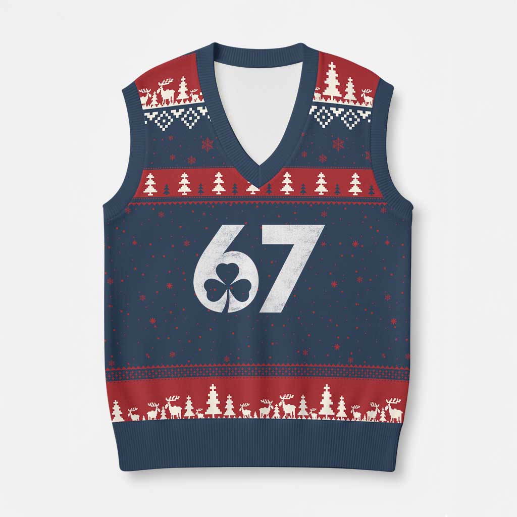 Funny St Patricks Day 67 Six Seven Vintage Shamrock V-Neck Knit Sweater Vest TS11 Navy Red Print Your Wear