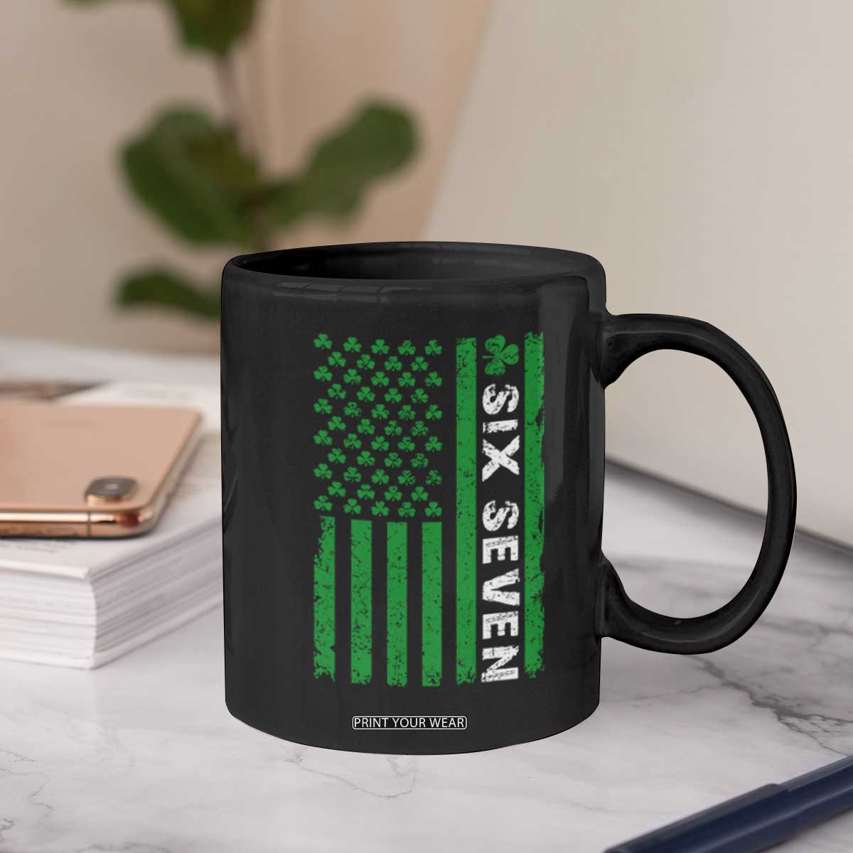 Six Seven 67 St Patricks Day Shamrock Vintage American Flag Coffee Mug TS11 Print Your Wear
