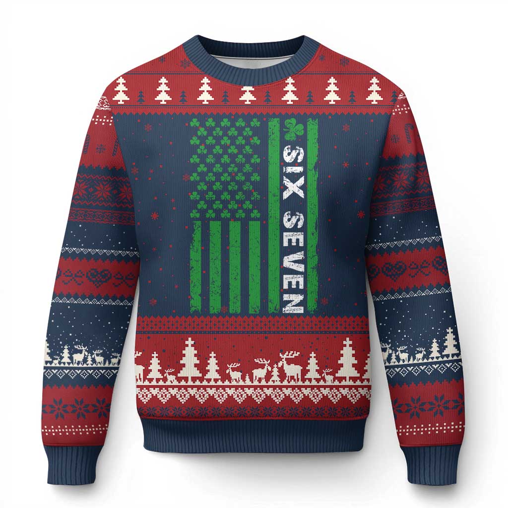 Six Seven 67 St Patricks Day Shamrock Vintage American Flag Ugly Christmas Sweater TS11 Navy Red Print Your Wear