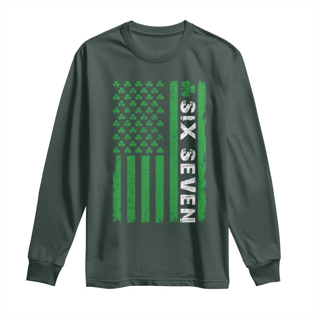 Six Seven 67 St Patricks Day Shamrock Vintage American Flag Long Sleeve Shirt TS11 Dark Forest Green Print Your Wear