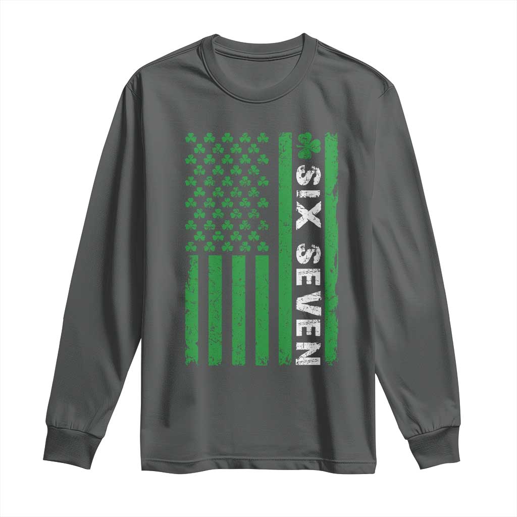 Six Seven 67 St Patricks Day Shamrock Vintage American Flag Long Sleeve Shirt TS11 Dark Heather Print Your Wear