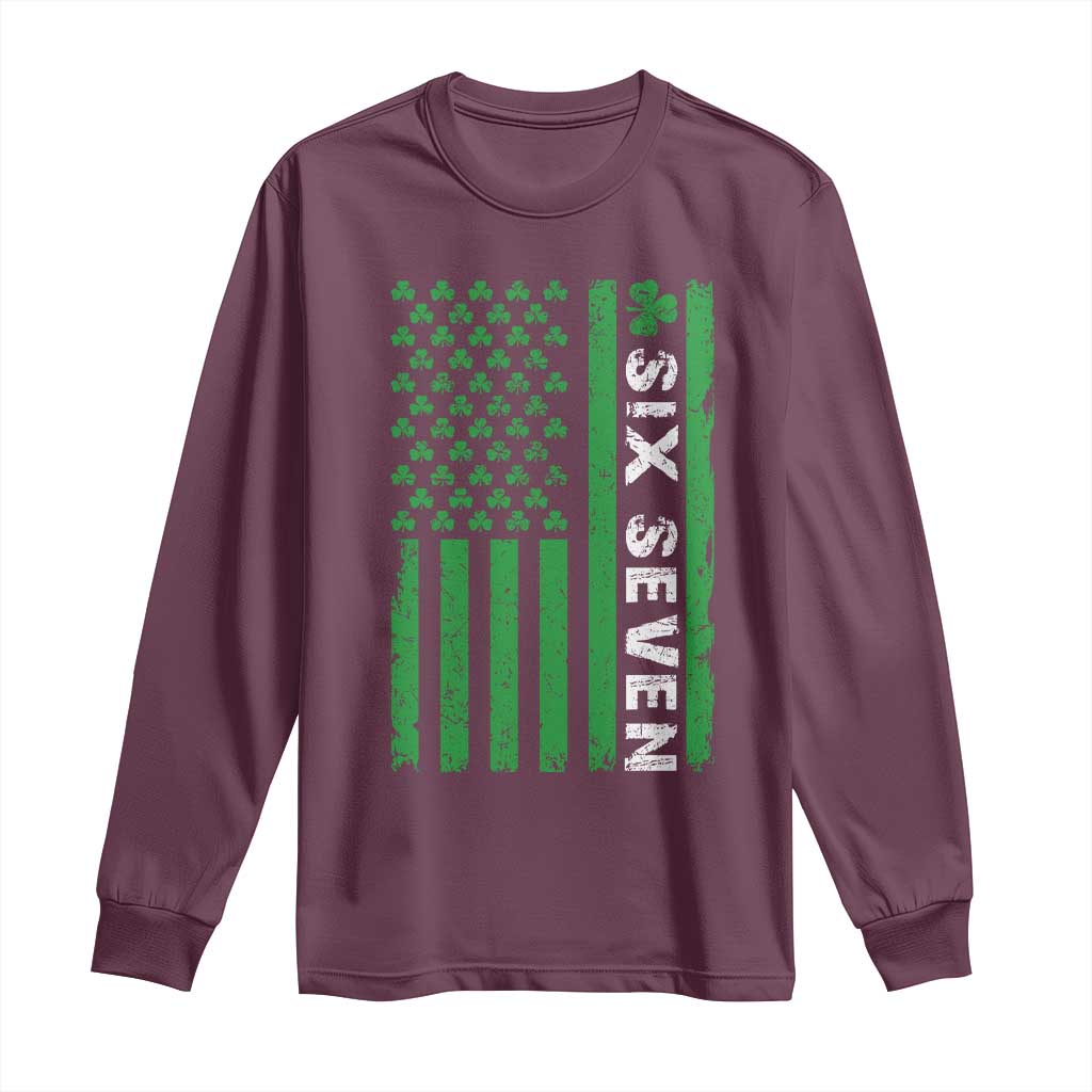 Six Seven 67 St Patricks Day Shamrock Vintage American Flag Long Sleeve Shirt TS11 Maroon Print Your Wear