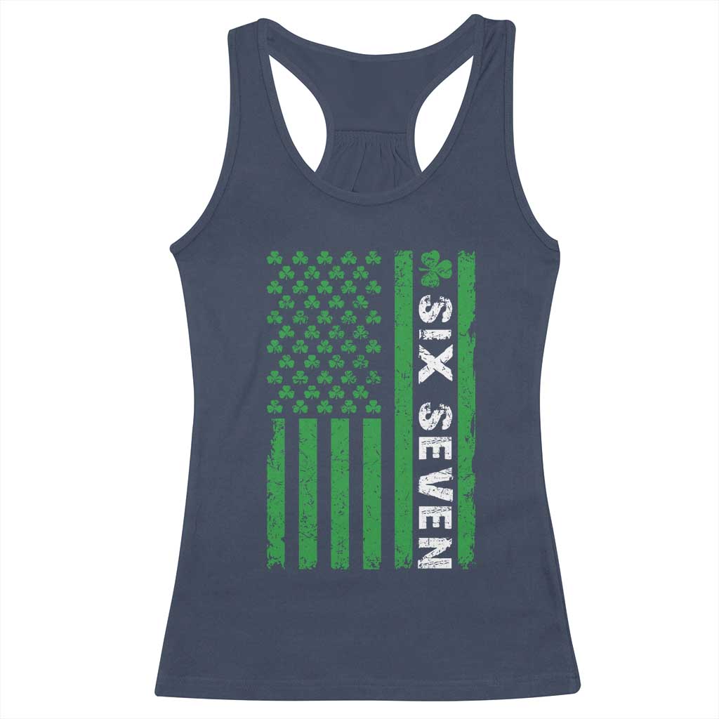 Six Seven 67 St Patricks Day Shamrock Vintage American Flag Racerback Tank Top TS11 Navy Print Your Wear