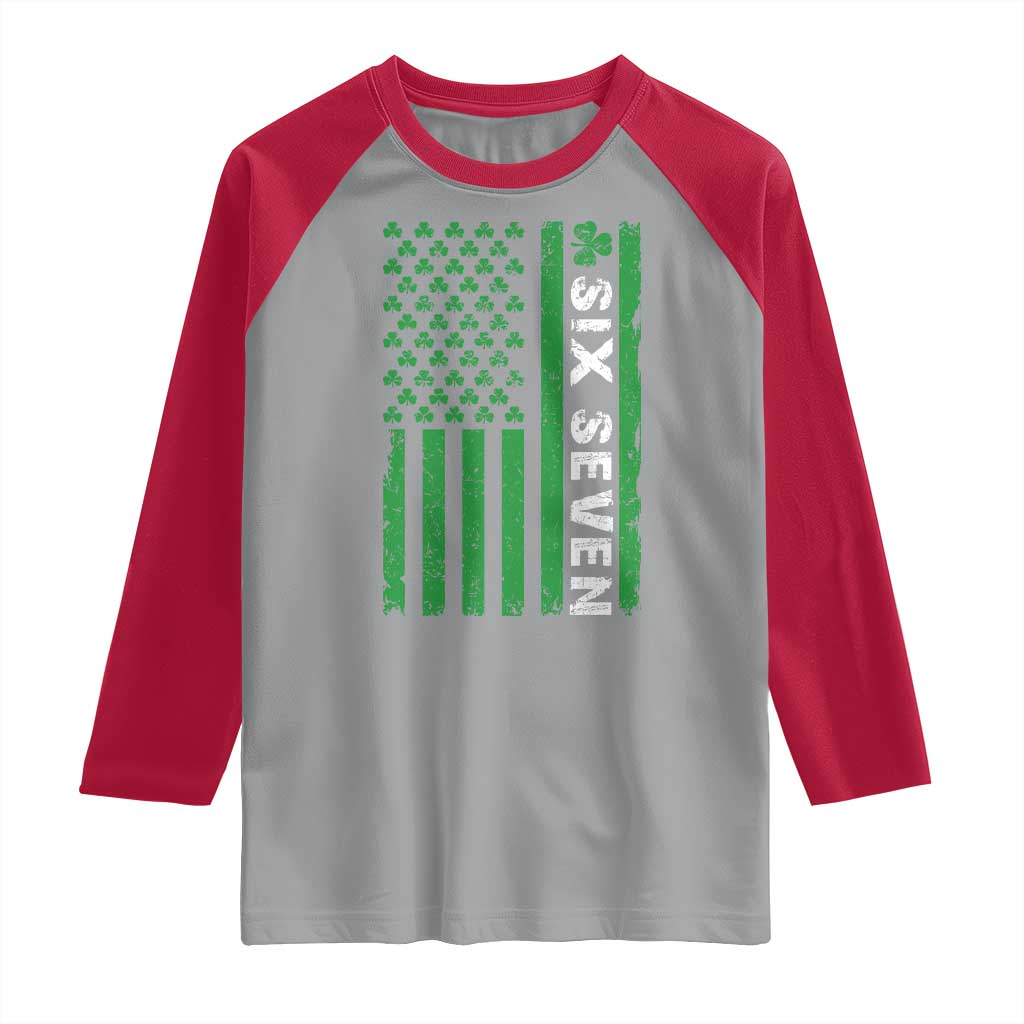 Six Seven 67 St Patricks Day Shamrock Vintage American Flag Raglan Shirt TS11 Sport Gray Red Print Your Wear