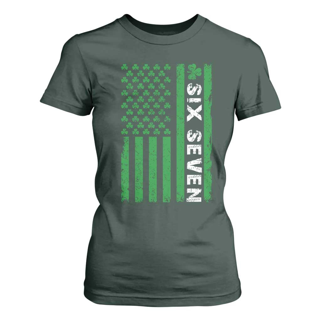 Six Seven 67 St Patricks Day Shamrock Vintage American Flag T Shirt For Women TS11 Dark Forest Green Print Your Wear