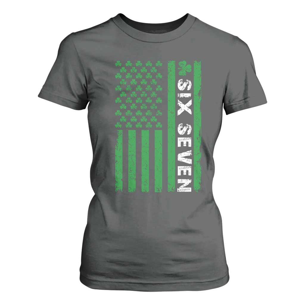 Six Seven 67 St Patricks Day Shamrock Vintage American Flag T Shirt For Women TS11 Dark Heather Print Your Wear