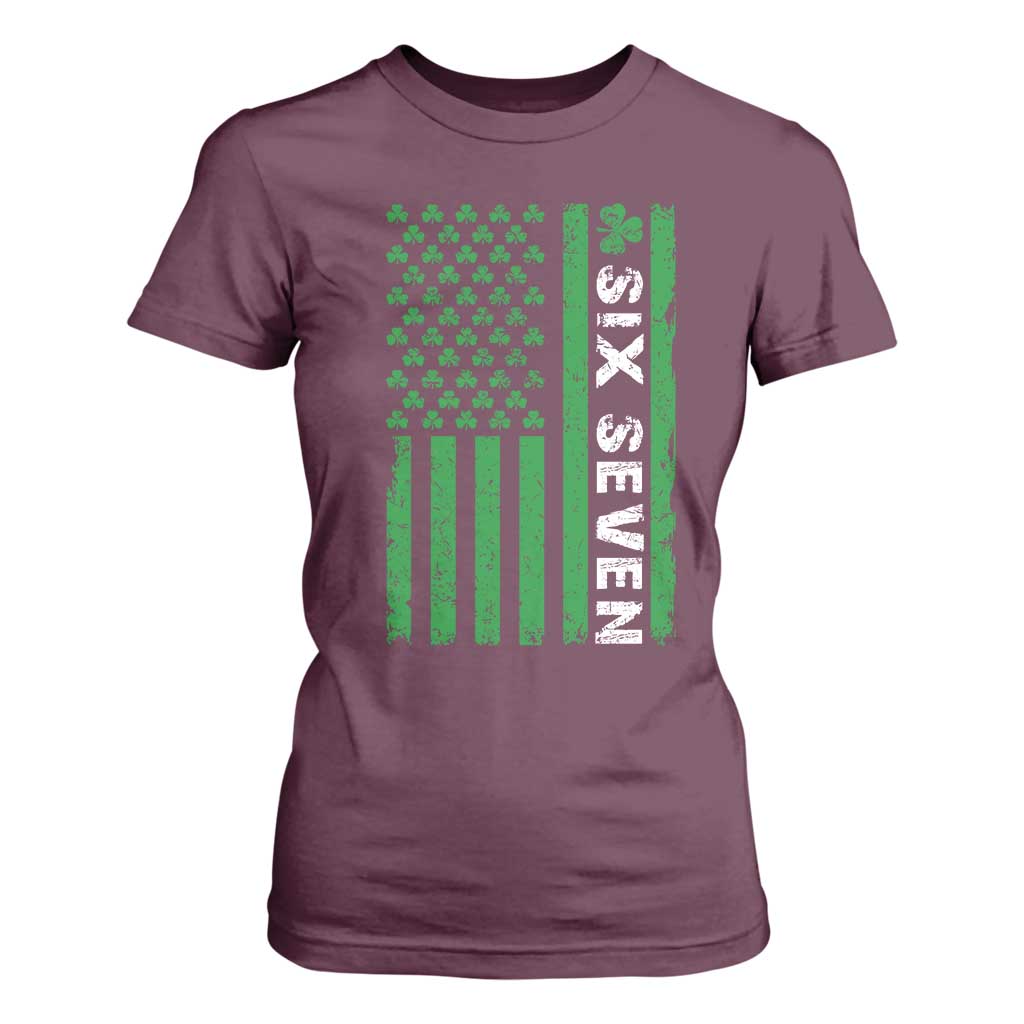 Six Seven 67 St Patricks Day Shamrock Vintage American Flag T Shirt For Women TS11 Maroon Print Your Wear