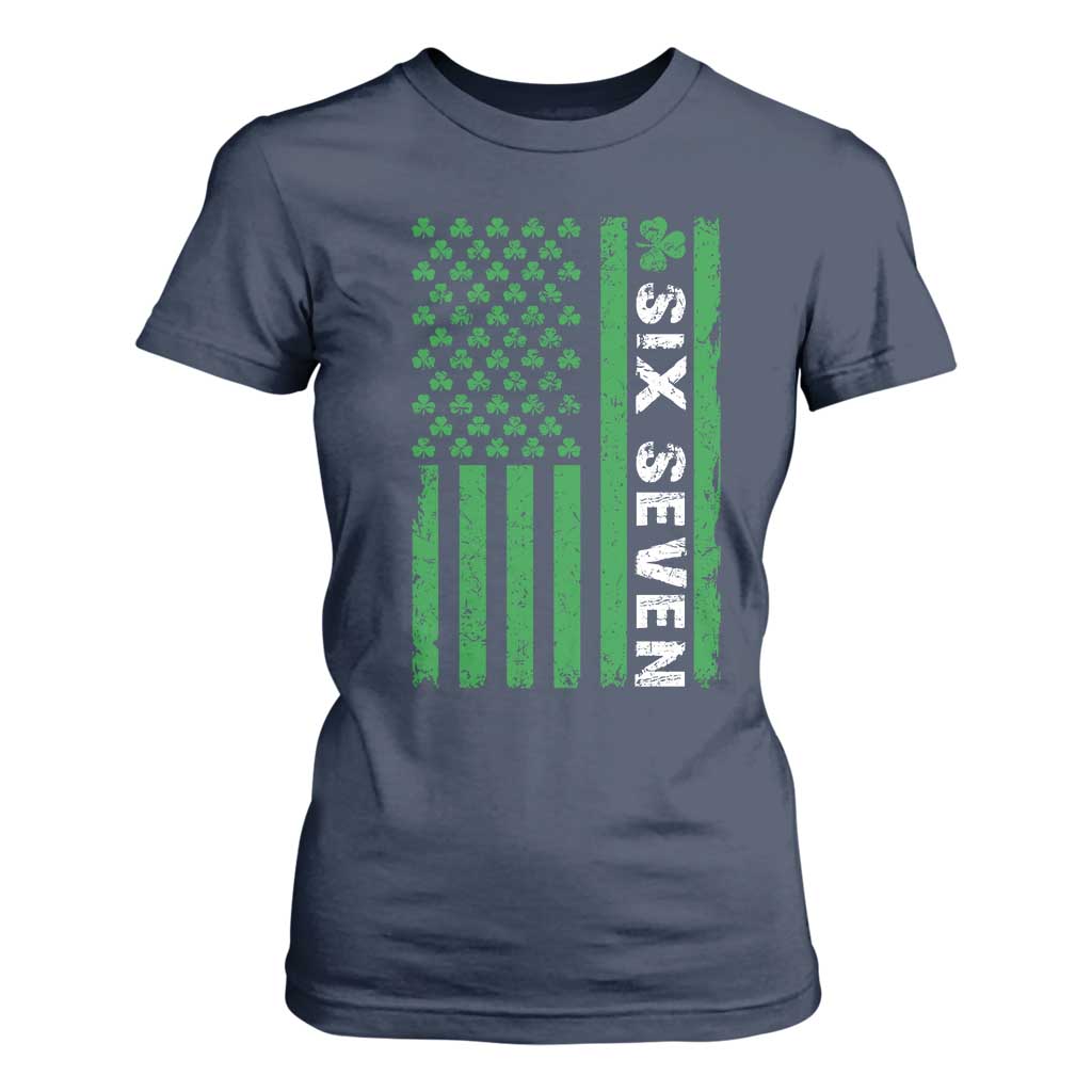 Six Seven 67 St Patricks Day Shamrock Vintage American Flag T Shirt For Women TS11 Navy Print Your Wear
