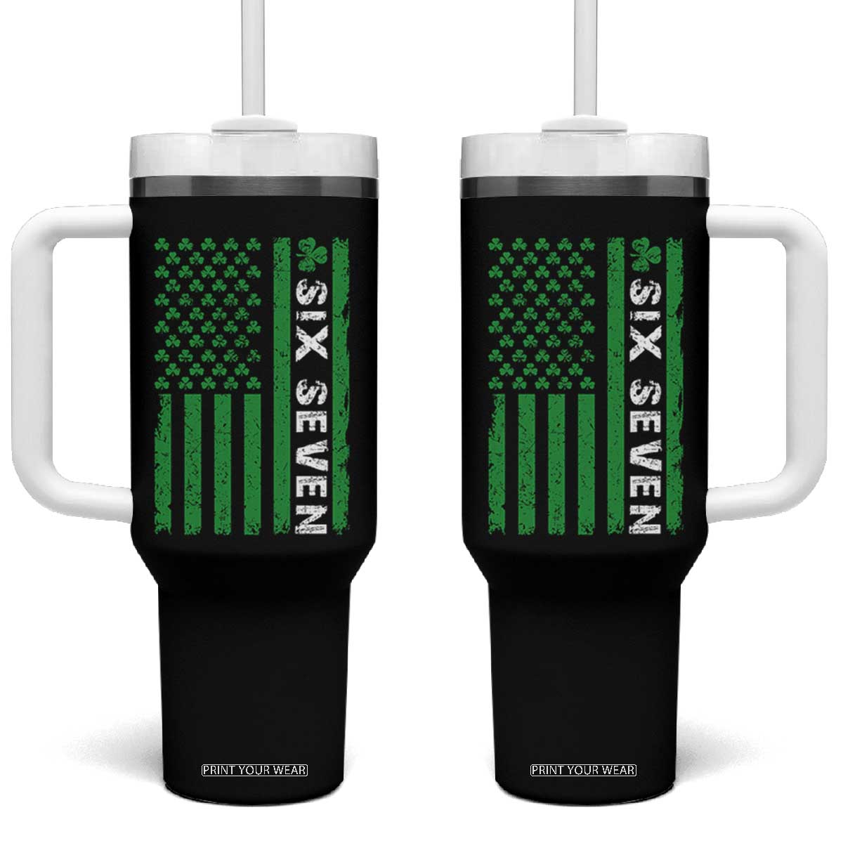 Six Seven 67 St Patricks Day Shamrock Vintage American Flag Tumbler With Handle TS11 One Size: 40 oz Black Print Your Wear